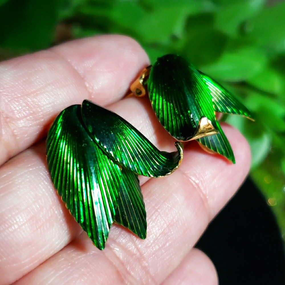 Vtg 1967 Grosse Germany Green Enamel 14kGP Leaves Earrings Dior Designer HTF!